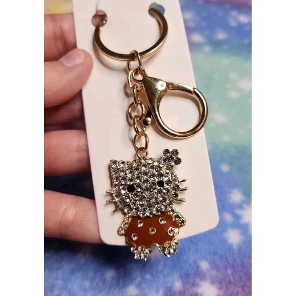 Hello Kitty Brown Dress Rhinestone Keychain With Clip Bling Sanrio Character - Picture 1 of 4